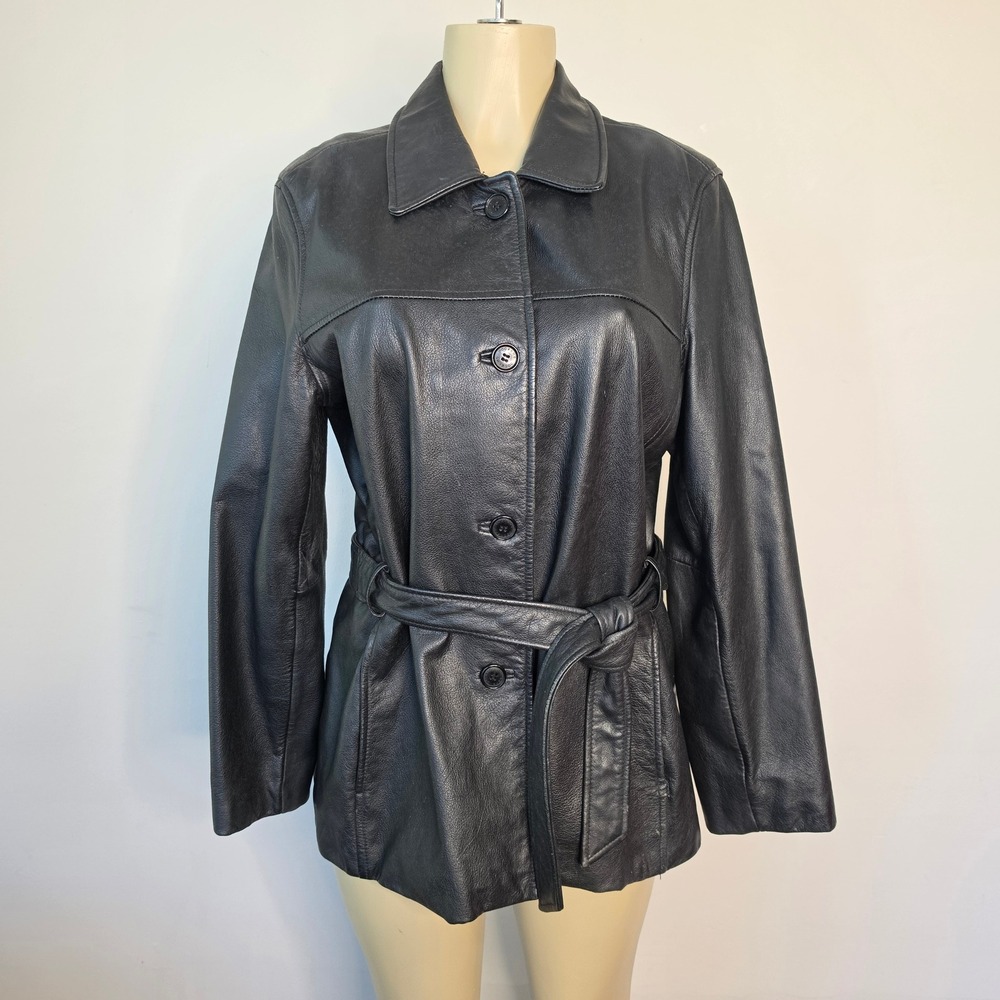 Dockers Jacket Womens L Black Leather Belted Button Front Classic Outerwear Coat